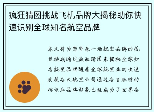 疯狂猜图挑战飞机品牌大揭秘助你快速识别全球知名航空品牌